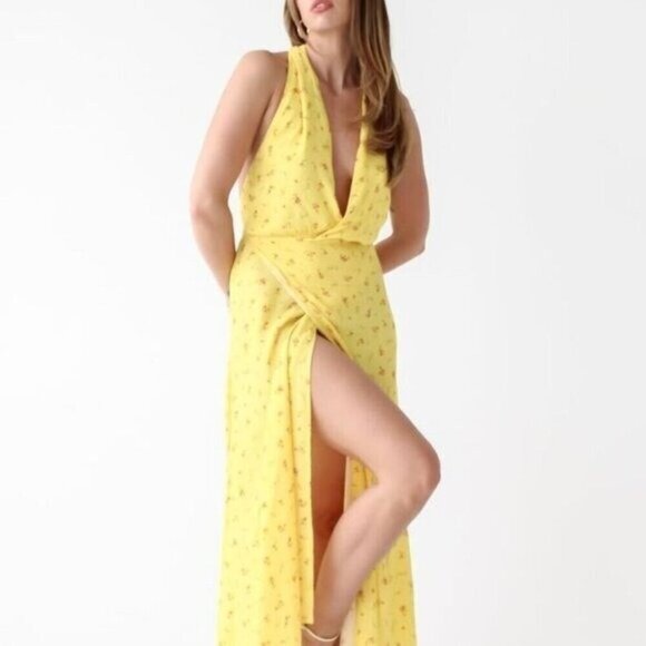 Rumored Sirena Womens Yellow Floral Halter Midi Wrap Dress - Picture 1 of 8